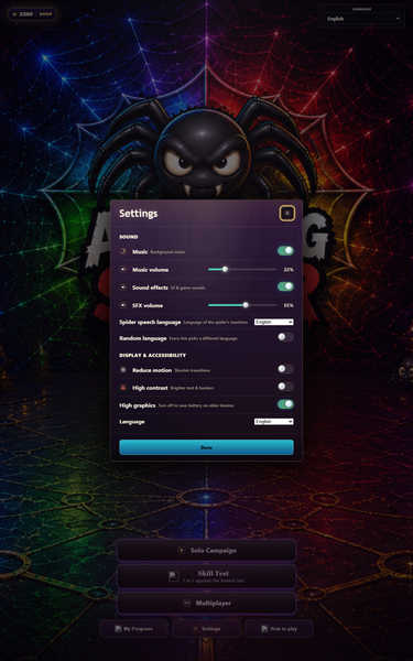 Settings — sound, language and accessibility controls